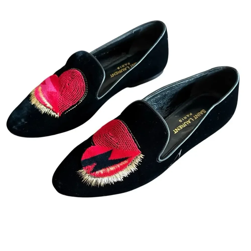 Saint Laurent Heart Amore Love Velvet Leather Flat Shoes Loafers EU 38.5 US 8.5
